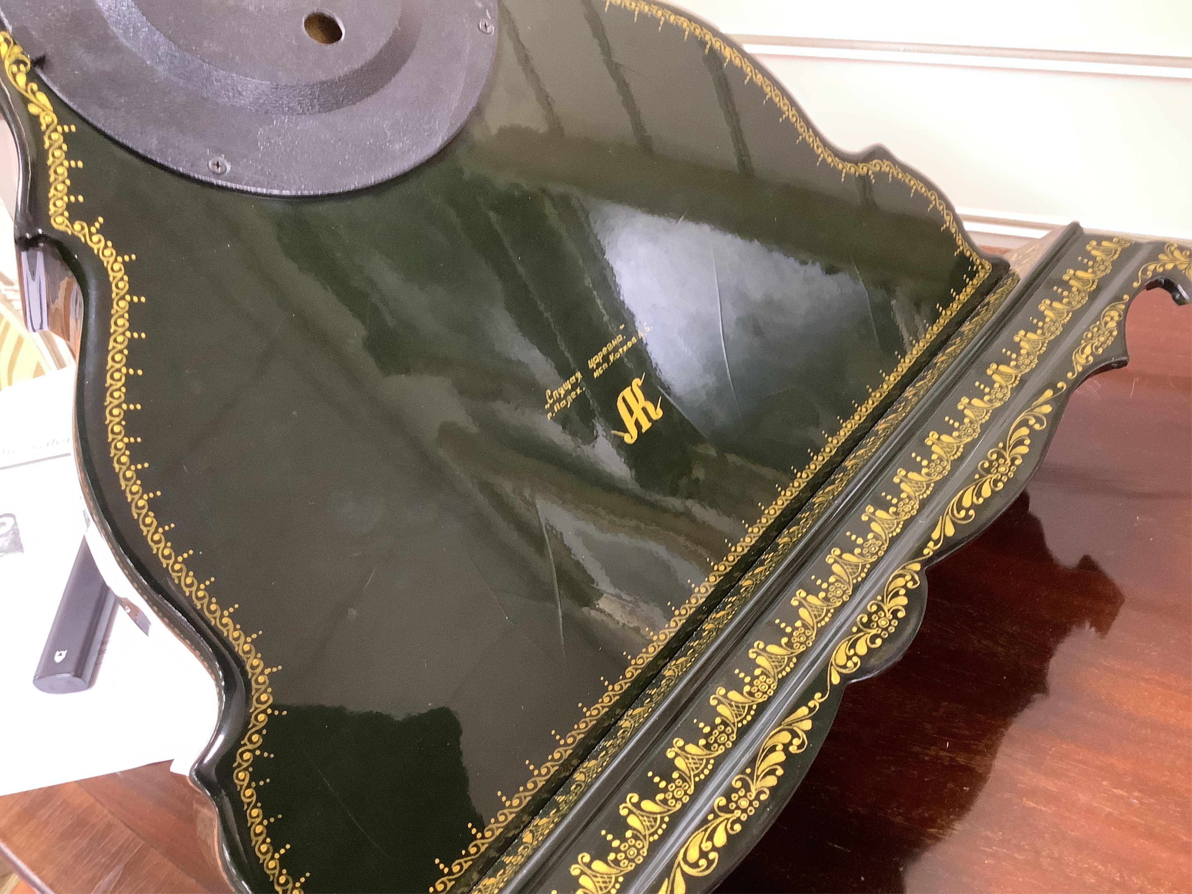 A Becha Russian hand painted black lacquer large mantel clock, 36cm high x 44cm wide